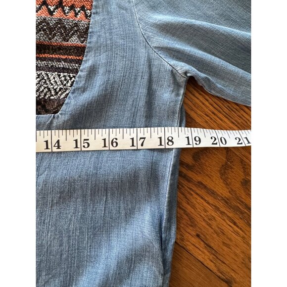Joh Boho Tunic Dress S Blue Denim Style Fringe Hem Aztec Fabric Yoke - Picture 9 of 14